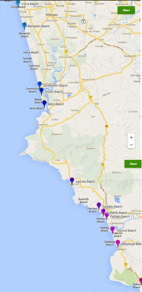 South Goa beach Map:  Beaches in South Goa