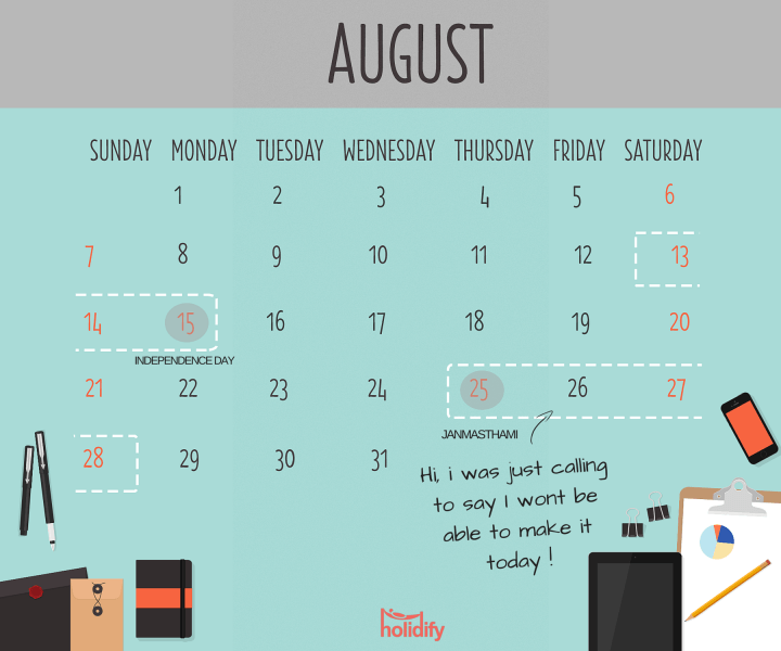 Holiday Calendar August 2016