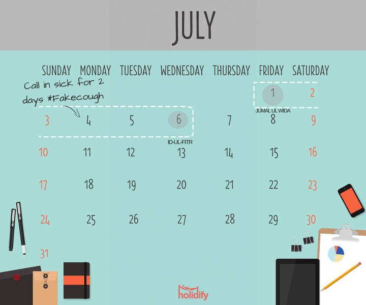  July 2016 Holiday Calendar