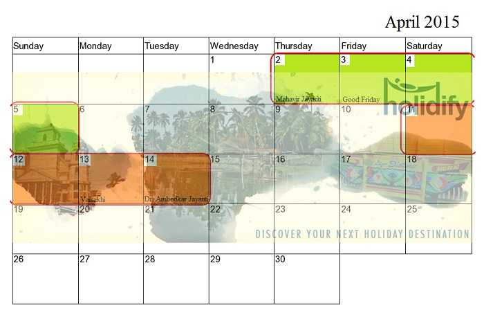 Holiday Calender 2015 India, april long weekends