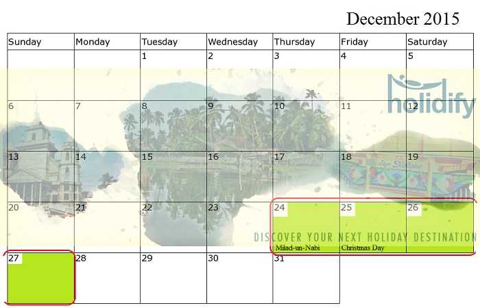 December Holidays 2015, long weekends in 2015 India