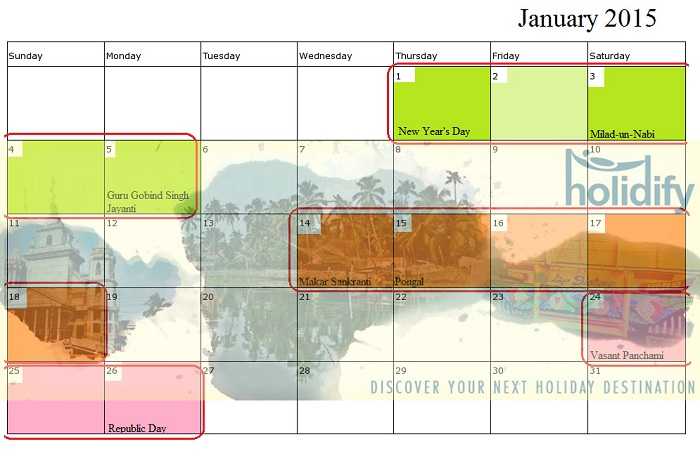 January Holiday Calender, Long Weekends in 2015 India