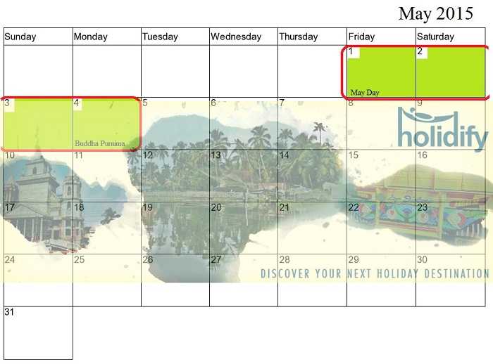 May Holiday Calender, Long Weekends in 2015 India