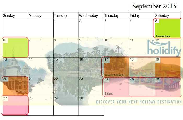 September Holidays, long weekends in 2015 India