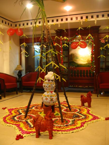 A house decorated on Pongal with sugarcanes and the kolum -  Festivals of Tamil Nadu 