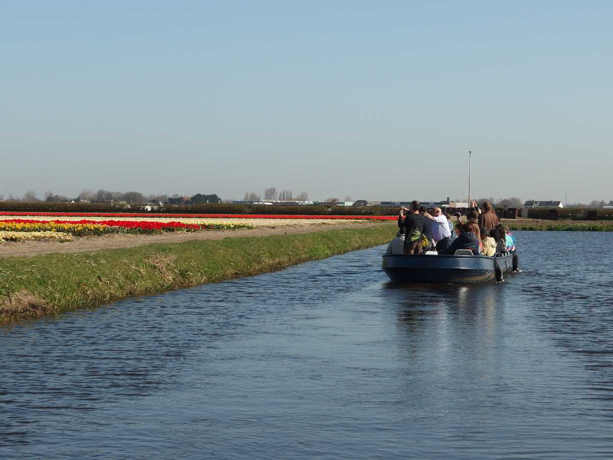 People enjoying the cruise tour with the beautiful view of tulip fields at Keukenhof