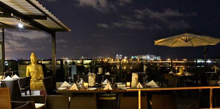 The waterfront seating at Azzuri Bay in Chennai