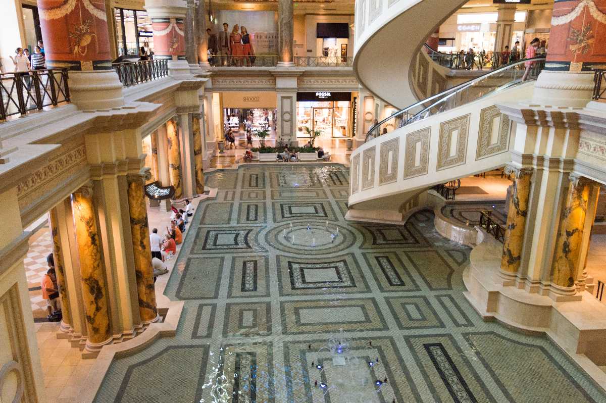 Interior of the Caesars Forum Shops shopping mall with Gucci and