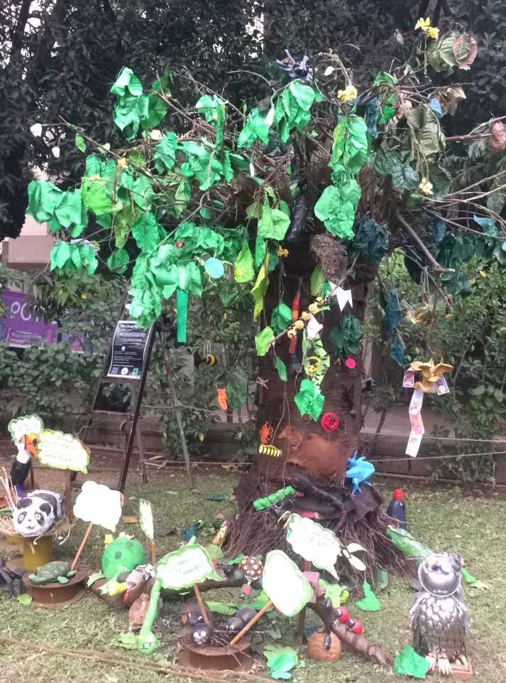 A beautiful and innovative replica of a tree creating by using waste materials