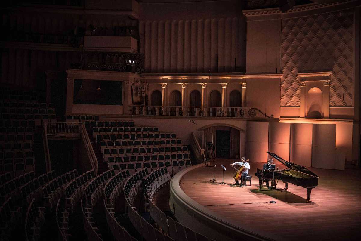 The seats were empty at rehearsal, and remained so for the online performance.