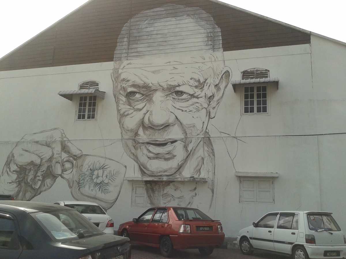 An Old Uncle with a coffee cup mural, Art of Old Town Ipoh