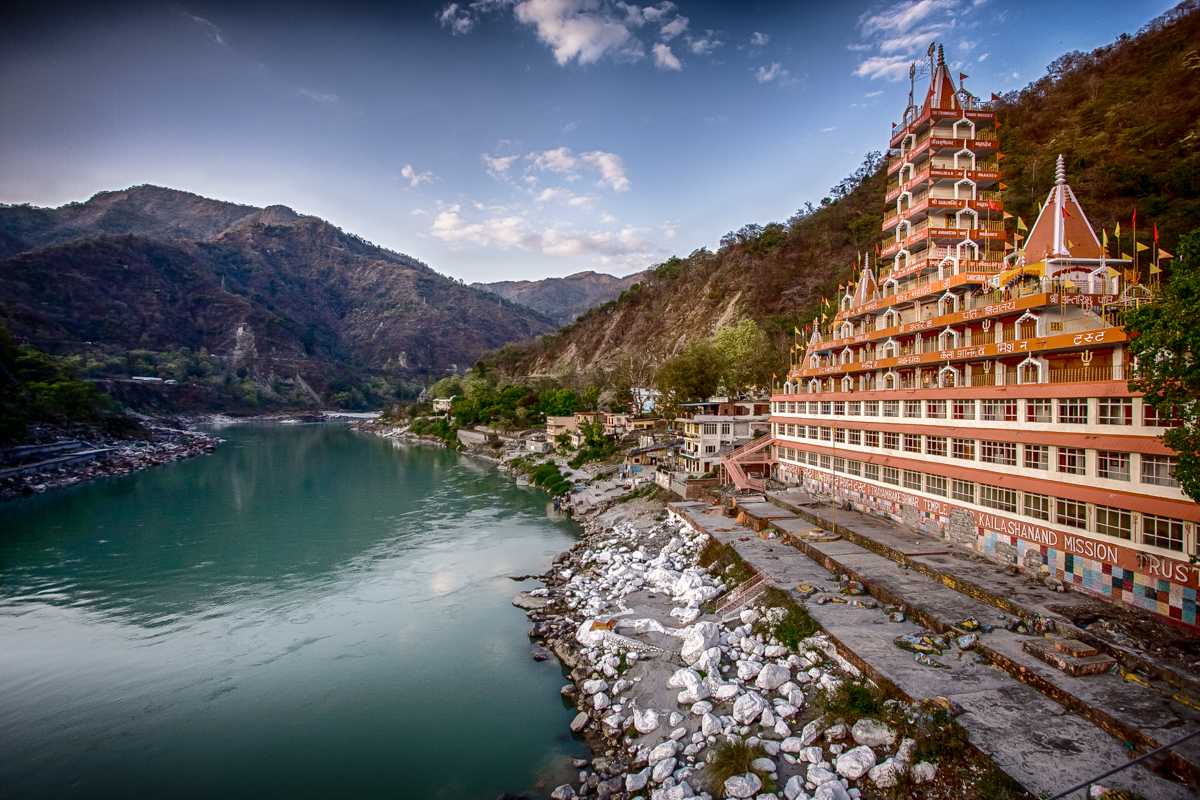 Rishikesh temple side view of canal