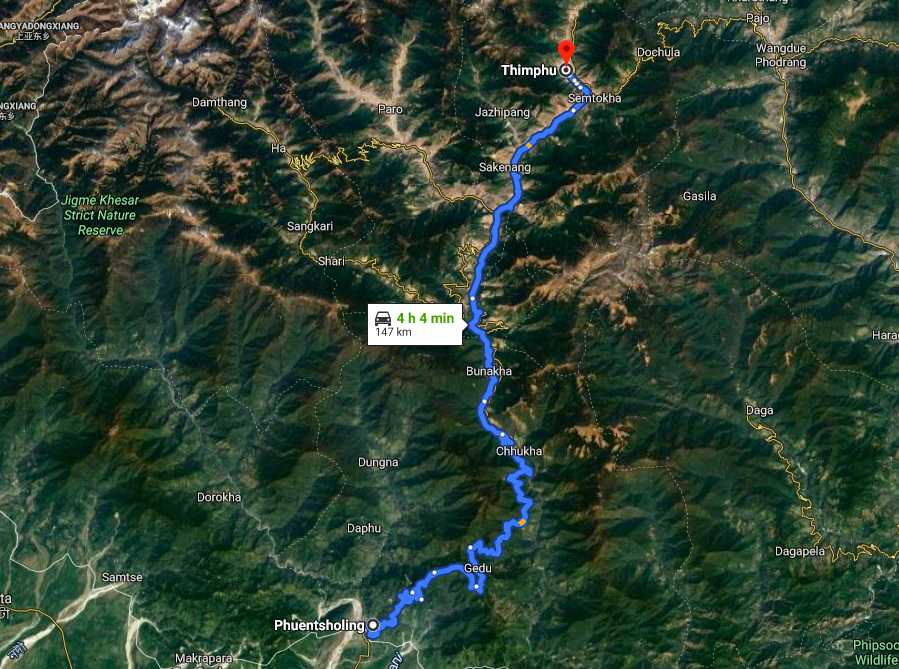 route map of phuetsholing to thimphu