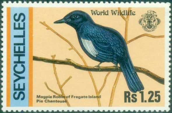 Magpie robin on Seychelles stamp, Wildlife in Seychelles