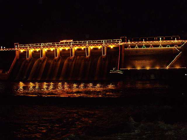 Vaigai Dam illuminated at night