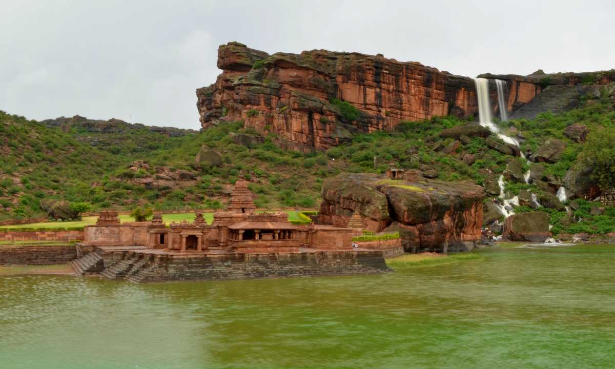 View of Bhutanatha temple in Badami during monsoon