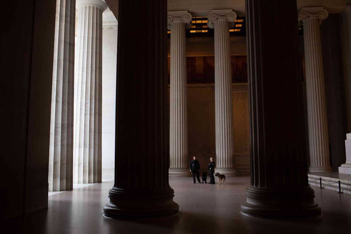 Even cherry blossom season did not draw visitors to the Lincoln Memorial.