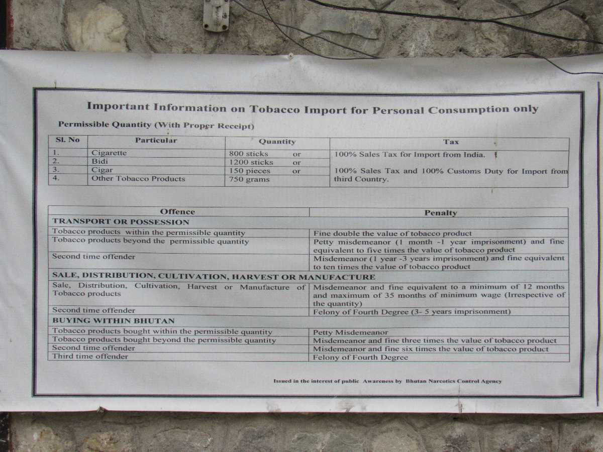 Notice for permissible limit, Smoking in Bhutan