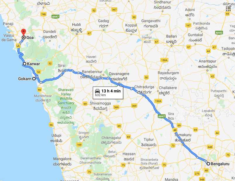 Bangalore to Goa Route 2