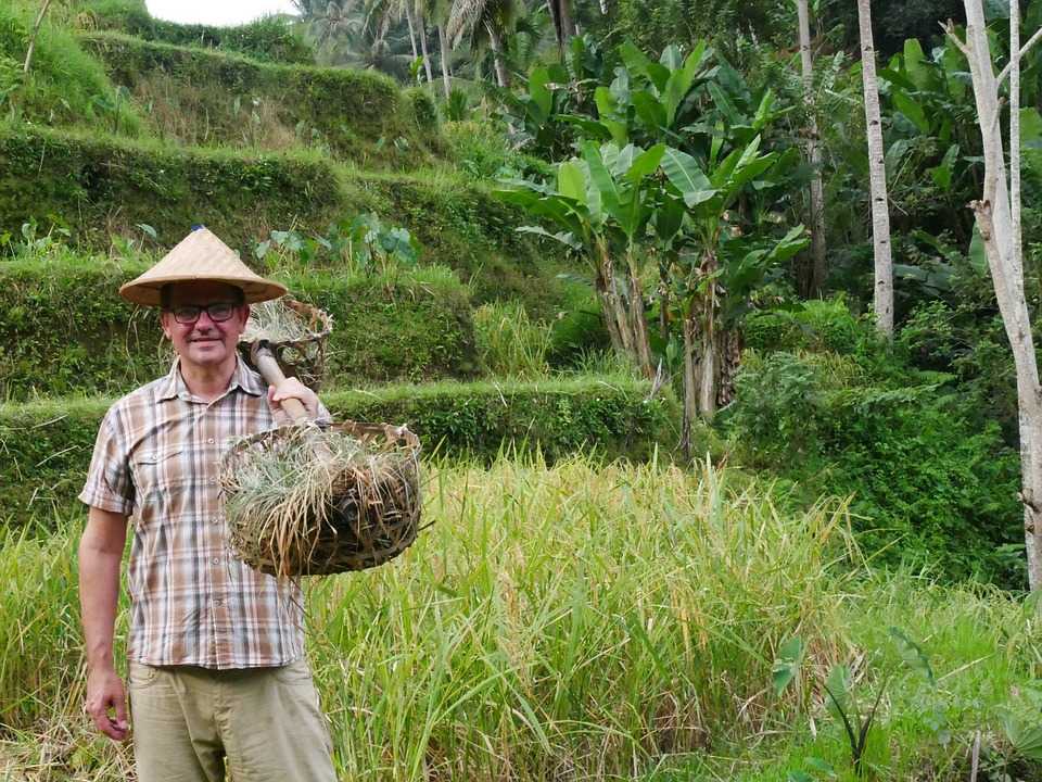 Tourist in a Straw Hat at Tegalalang Rice Terraces Ubud Bali