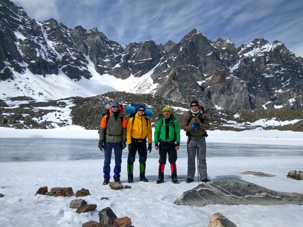 Group of trekkers posing for a picture on a snow trek